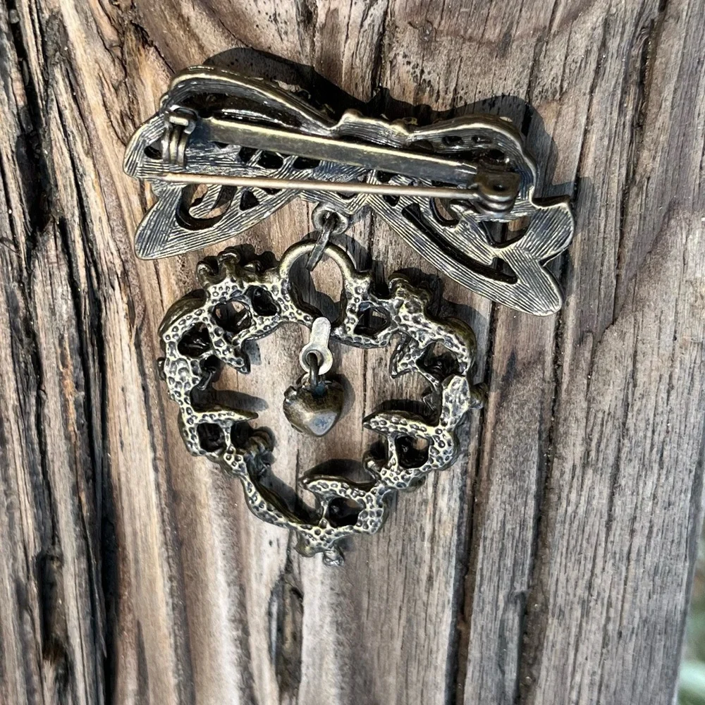 Vintage Bow Heart Brooch Floral Rhinestone Cottagecore Romantic Pin